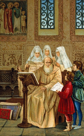 Medieval manuscript illustration of Guido d'Arezzo seated at his writing desk, teaching singers